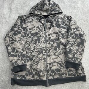 Grail Vintage Y2K MMA Elite Hoodie Mens XXL Gray Skull AOP Zip Up Skater Grunge